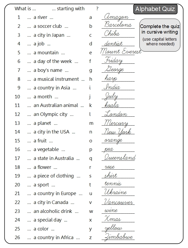 Unit 14 Alphabet quiz sample answer